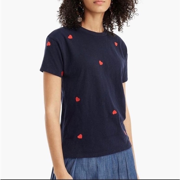 J. Crew Heart Embroidered T-Shirt Women’s S Blue Red Short Sleeve Tee Crew Neck - Picture 1 of 6